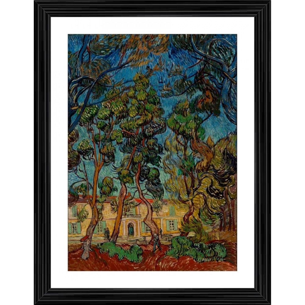 Generic Pine Trees in the Garden of Asylum 1889 Painting With Wood Photo Frame (Multicolor)