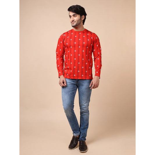 Generic Men's Casual Cotton Printed Round Neck Full Sleeve T-Shirt (Red)