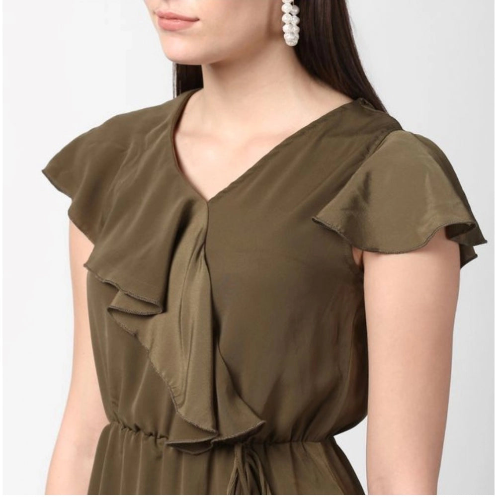 Generic Women's Polyester Ruffled Cap Sleeve Knee-Length Dress (Olive)