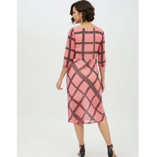 Generic Women's Polyester Checkered 3-4th Sleeves Below Knee Dress (Pink)