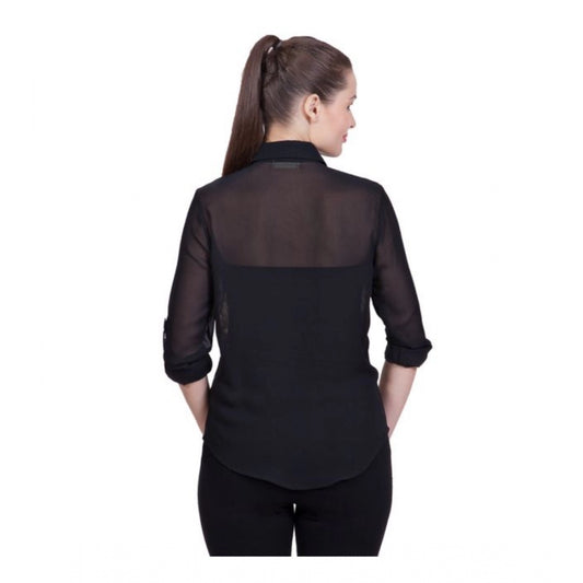 Generic Women's Polyester Printed Roll Up Sleeve Standard Length Shirt (Black)