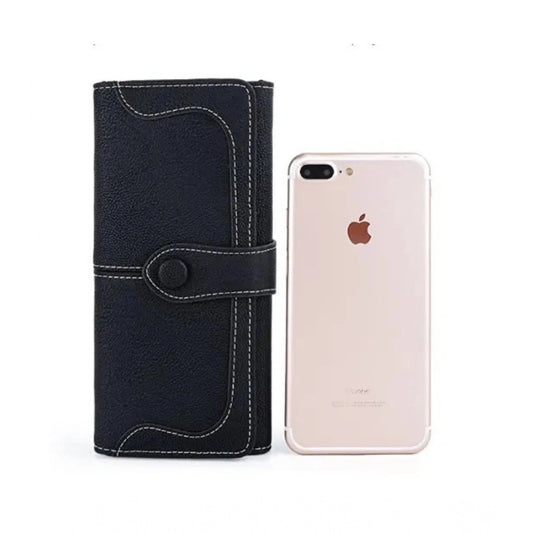 Women's Faux Leather Medium Snap Button Wallet (Black)