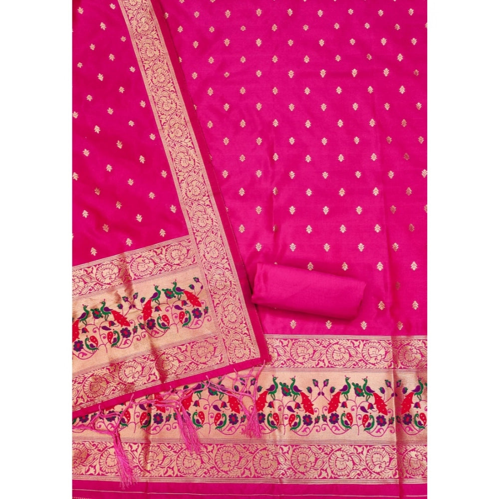 Generic Women's Banarasi Silk Printed Unstitched Salwar Suit Material With Dupatta (Pink, 3Mtrs)