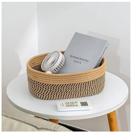 Cotton Oval Storage Rope Woven Baskets Pack of 1 (Beige Black)