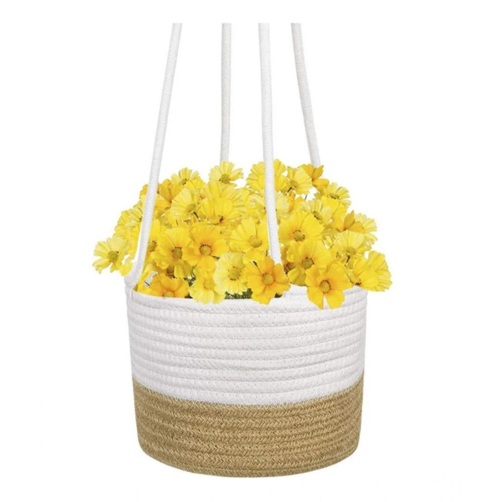Cotton Hanging Planter Flower Basket Pack of 1 (Beige White)