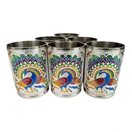 Steel Meenakari Peacock Design Decorative Glass Set (Silver)