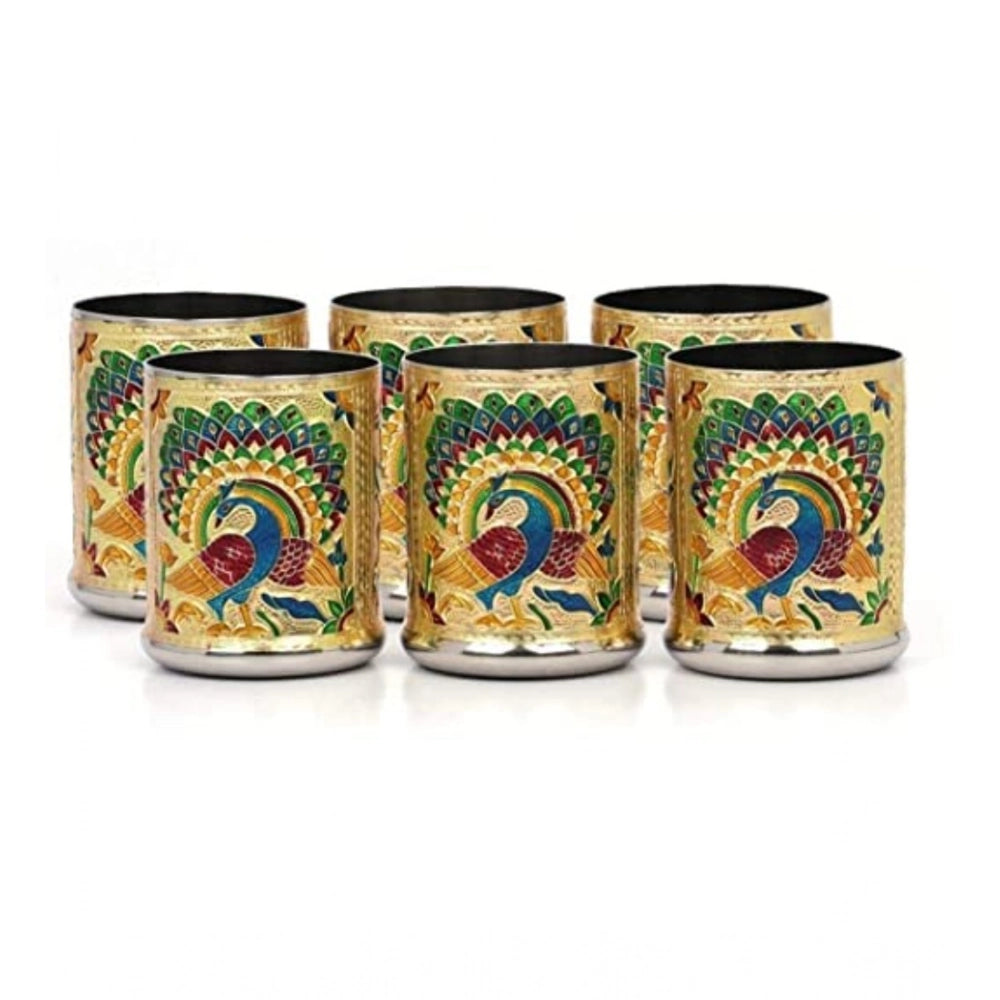 Steel Meenakari Peacock Design Decorative Glass Set (Gold)