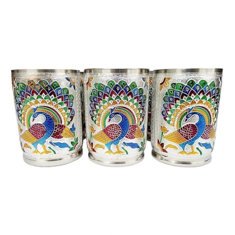 Steel Meenakari Peacock Design Decorative Glass Set (Silver)