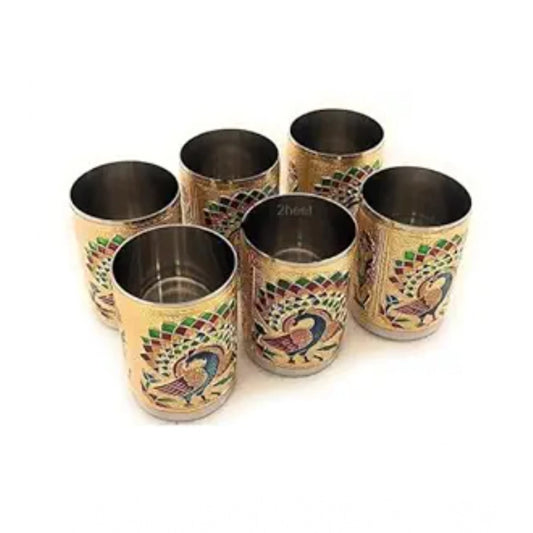 Steel Meenakari Peacock Design Decorative Glass Set (Gold)