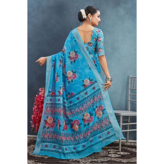 Women's Linen Floral Printed Saree With Unstitched Blouse 5.5Mtr (Blue)
