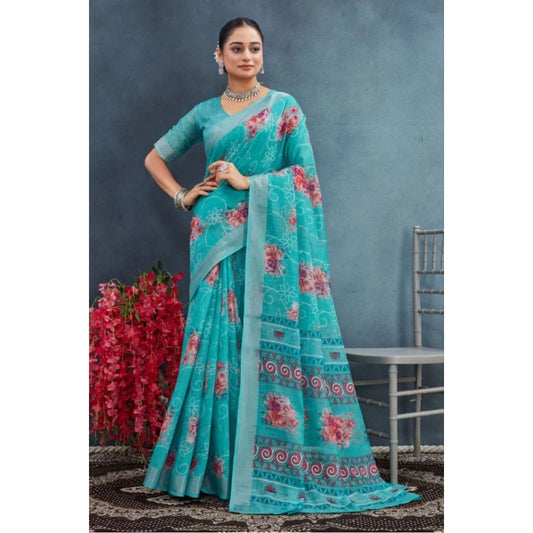 Women's Linen Floral Printed Saree With Unstitched Blouse 5.5Mtr (Aqua)