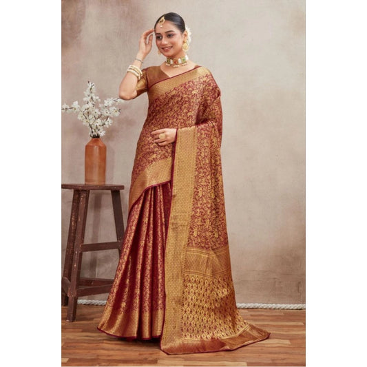 Women's Silk Blend Floral Printed Saree With Unstitched Blouse 5.5Mtr (Brown)