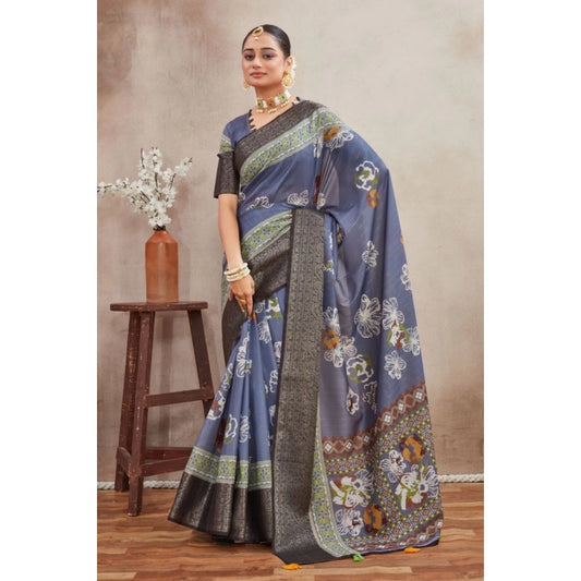 Women's Crepe Silk Printed Saree With Unstitched Blouse 5.5Mtr (Grey)