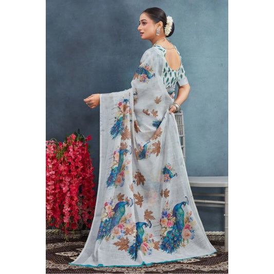 Women's Linen Floral Printed Saree With Unstitched Blouse 5.5Mtr (Off-White)