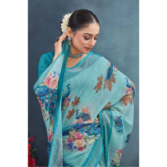 Women's Linen Floral Printed Saree With Unstitched Blouse 5.5Mtr (Aqua)