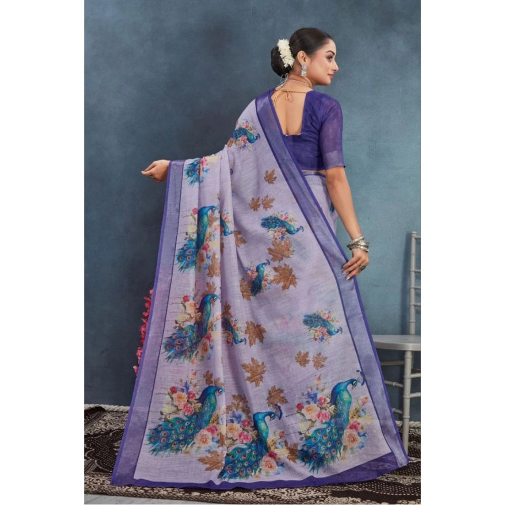 Women's Linen Floral Printed Saree With Unstitched Blouse 5.5Mtr (Purple)