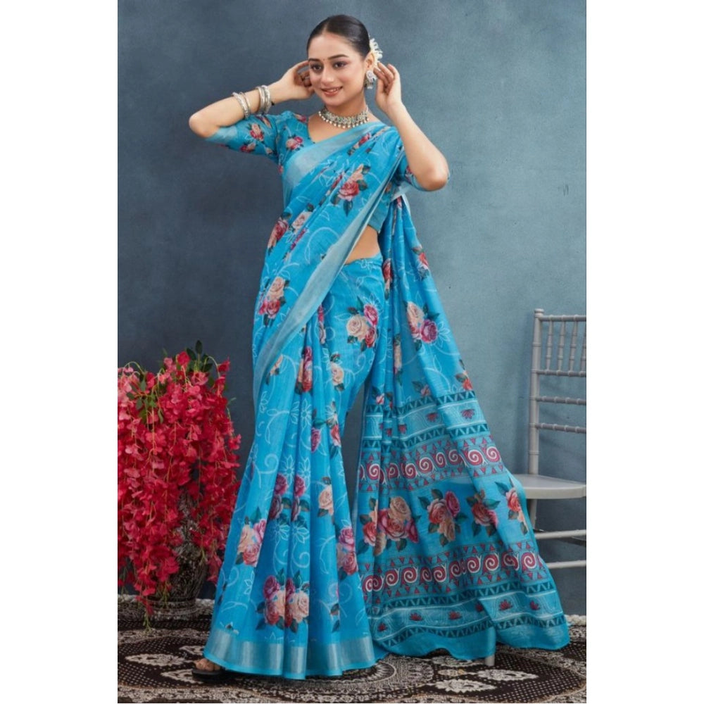 Women's Linen Floral Printed Saree With Unstitched Blouse 5.5Mtr (Blue)