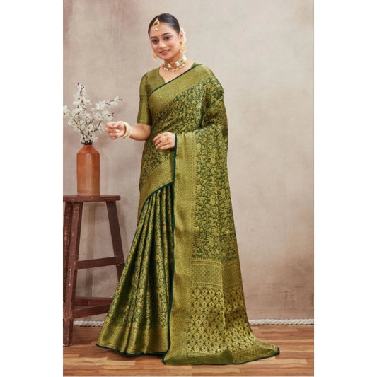 Women's Silk Blend Floral Printed Saree With Unstitched Blouse 5.5Mtr (Green)