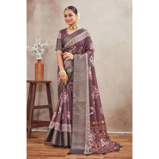 Women's Crepe Silk Printed Saree With Unstitched Blouse 5.5Mtr (purple)