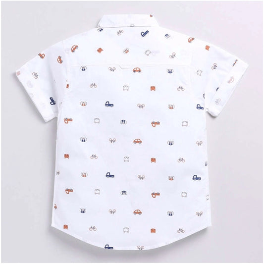 Generic Boy's Cotton Blend Printed Short Sleeve Shirt (White)