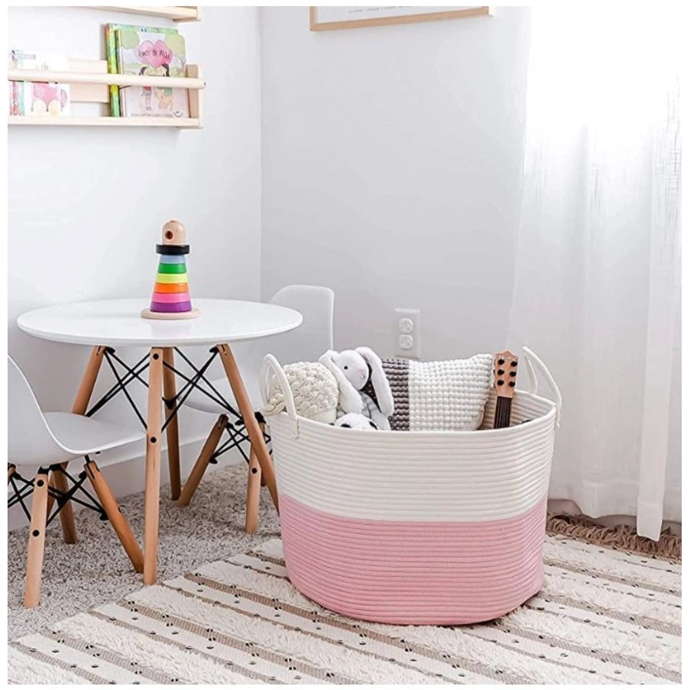 Cotton Laundry Basket Pack of 1 Storage Basket For Clothes (Pink)
