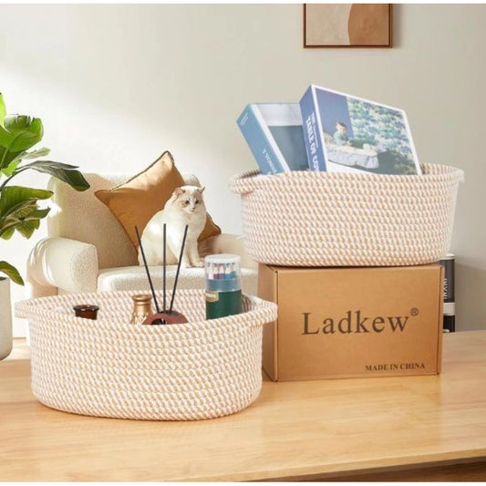 Cotton 2 Pcs Oval Basket Storage Basket For Clothes (Beige)