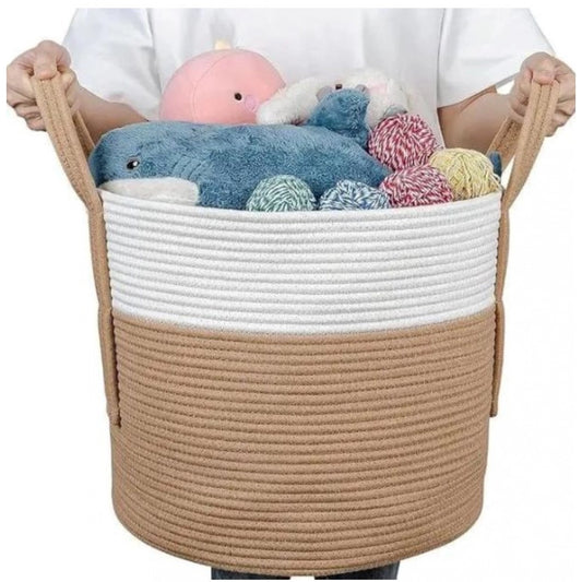 Cotton With Handle Pack of 1 Storage Basket For Clothes (White)