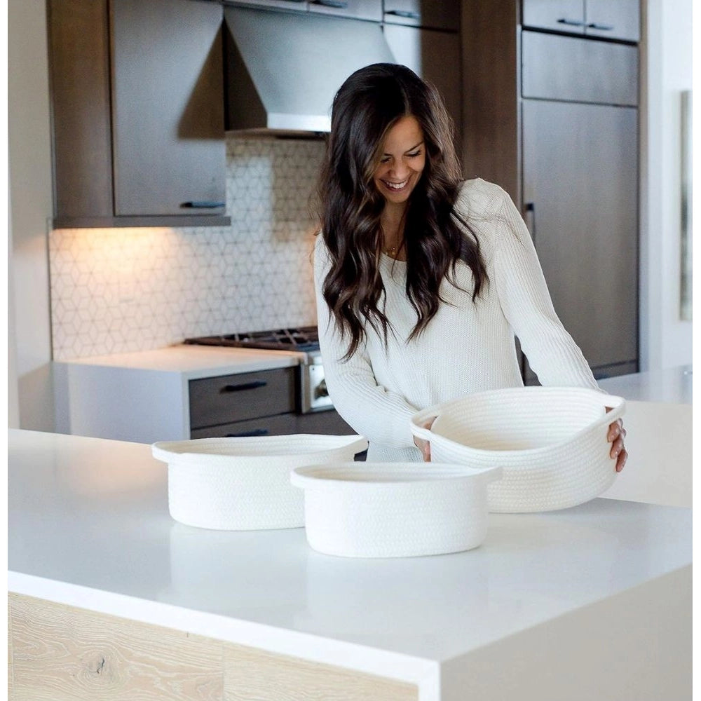 Cotton Oval Basket Pack of 3 Storage Basket For Clothes (White)