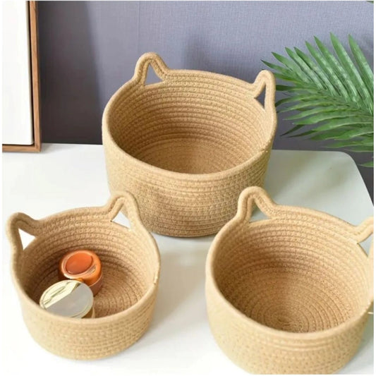 Cotton Cat Basket Pack of 3 Storage Basket For Clothes (Brown)
