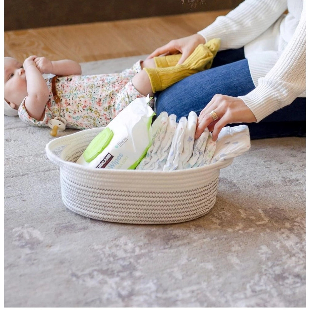 Cotton Zigzag Oval Basket Pack of 3 Storage Basket For Clothes (White)