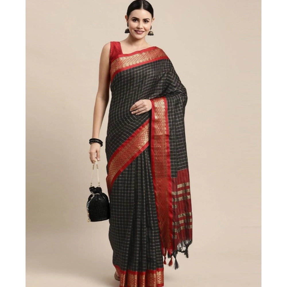 Women's Cotton Silk Checkered Saree With Unstitched Blouse 5.5Mtr (Black)