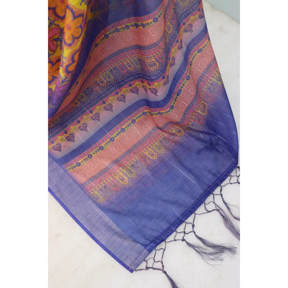 Women's Linen Digital Print Saree With Unstitched Blouse 5.5Mtr (Multicolor)