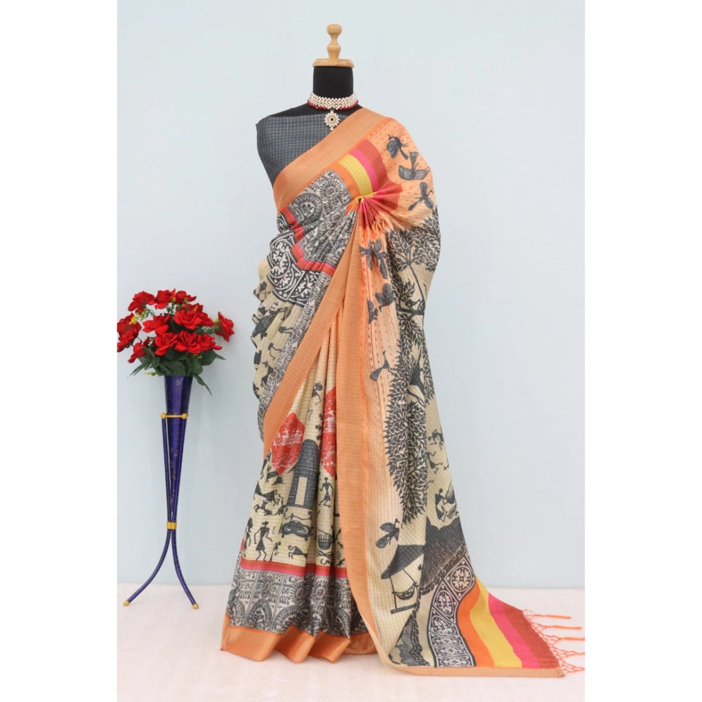 Women's Mysore Silk Digital Print Saree With Unstitched Blouse 5.5Mtr (Multicolor)