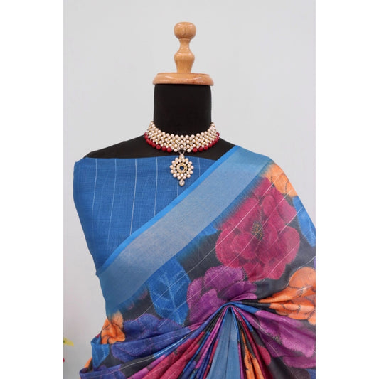 Women's Linen Digital Print Saree With Unstitched Blouse 5.5Mtr (Blue)
