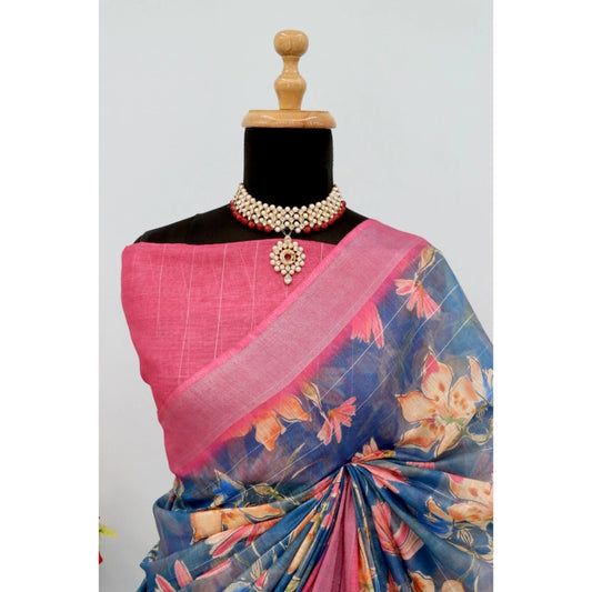 Women's Linen Digital Print Saree With Unstitched Blouse 5.5Mtr (Blue)