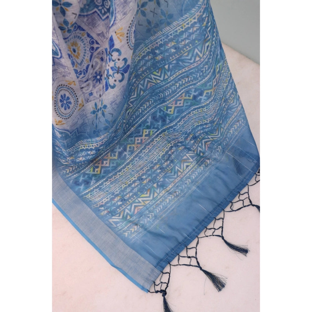 Women's Linen Digital Print Saree With Unstitched Blouse 5.5Mtr (Blue)