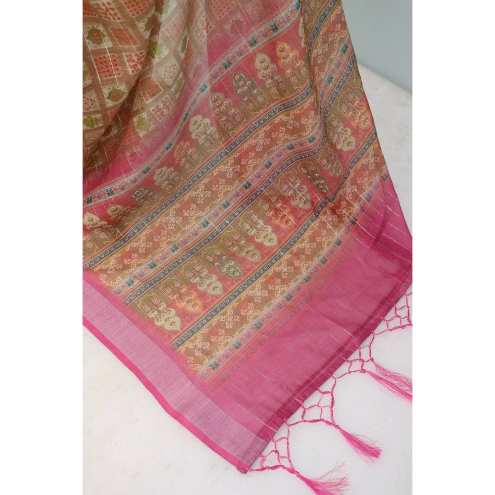 Women's Linen Digital Print Saree With Unstitched Blouse 5.5Mtr (Pink)