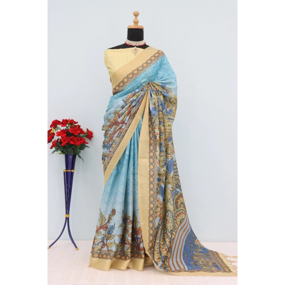 Women's Mysore Silk  Digital Print Saree With Unstitched Blouse 5.5Mtr (Sky Blue)