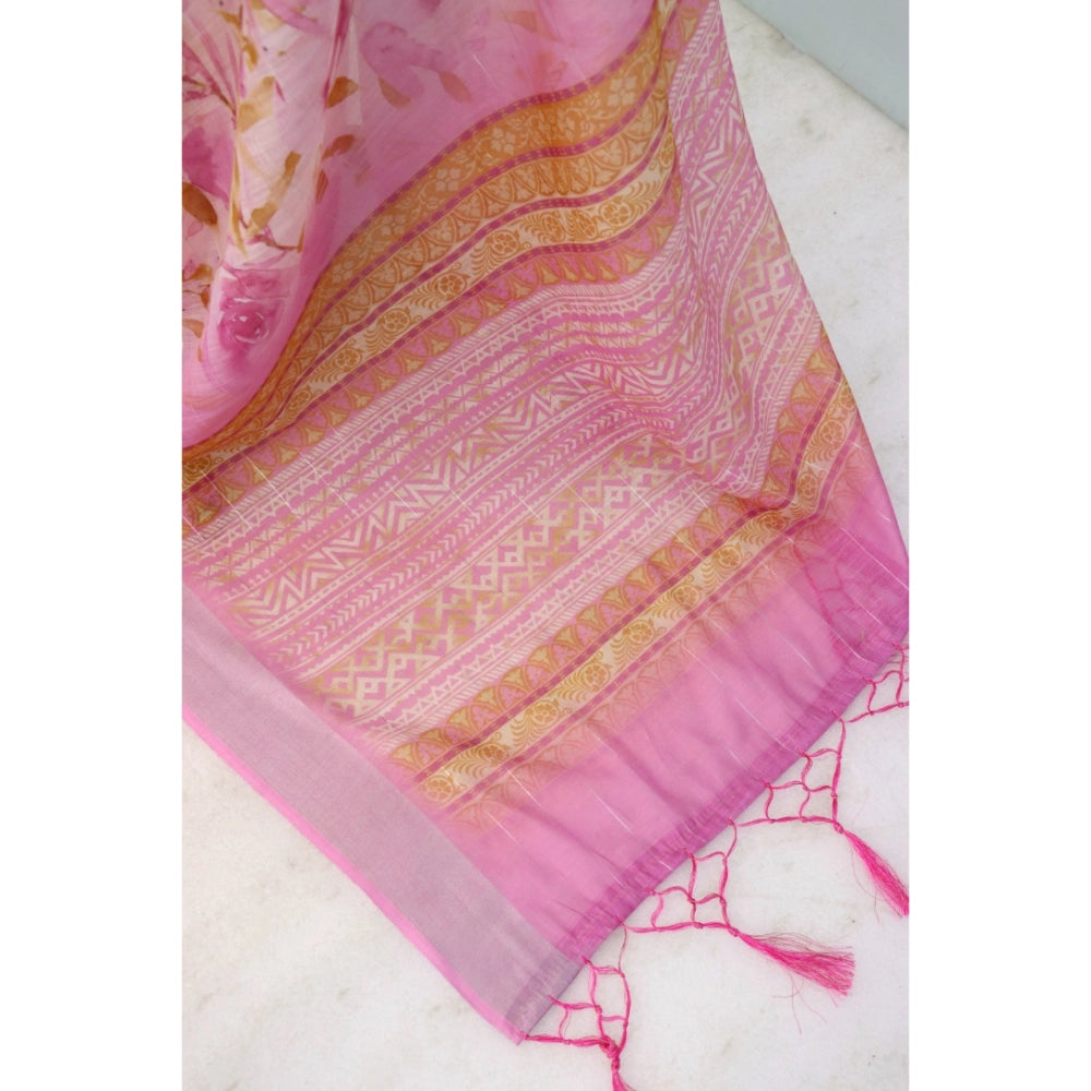 Women's Linen Digital Print Saree With Unstitched Blouse 5.5Mtr (Pink)