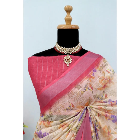 Women's Linen Digital Print Saree With Unstitched Blouse 5.5Mtr (Pink)