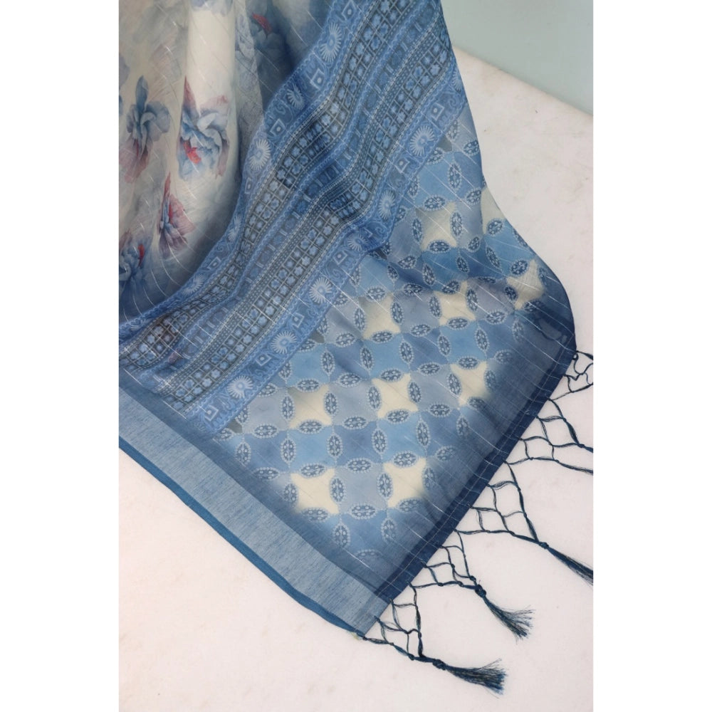 Women's Linen Digital Print Saree With Unstitched Blouse 5.5Mtr (Blue)