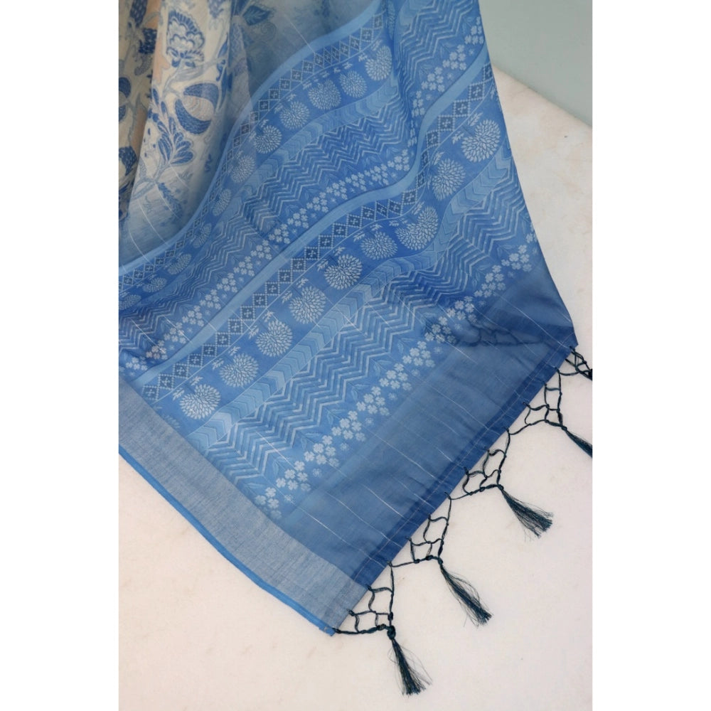 Women's Linen Digital Print Saree With Unstitched Blouse 5.5Mtr (Blue)
