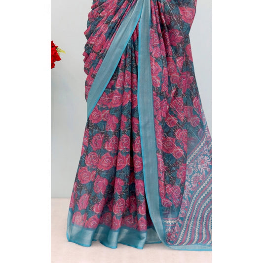 Women's Linen Digital Print Saree With Unstitched Blouse 5.5Mtr (Blue)