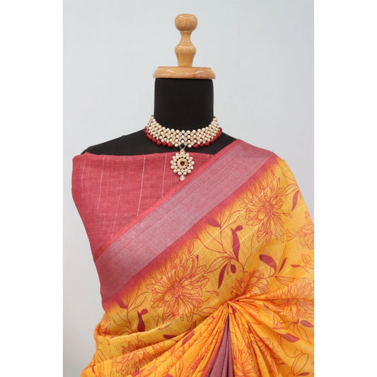 Women's Linen Digital Print Saree With Unstitched Blouse 5.5Mtr (Mustard)