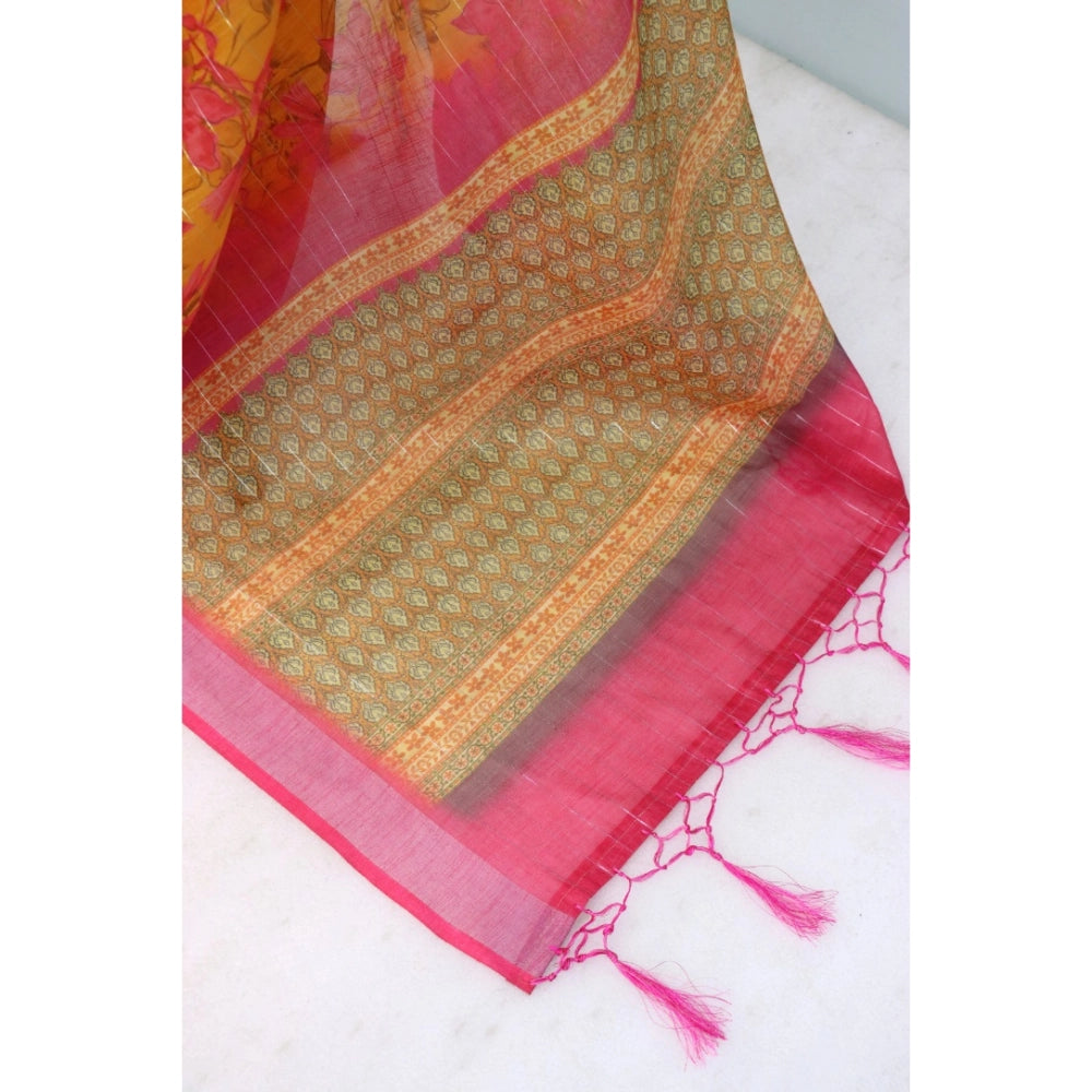 Women's Linen Digital Print Saree With Unstitched Blouse 5.5Mtr (Yellow)