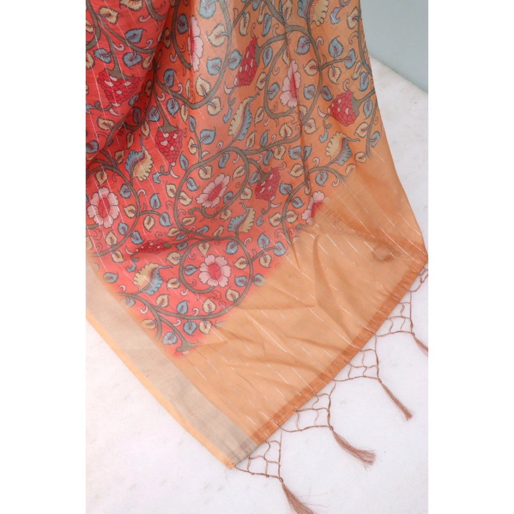 Women's Linen Digital Print Saree With Unstitched Blouse 5.5Mtr (Orange)