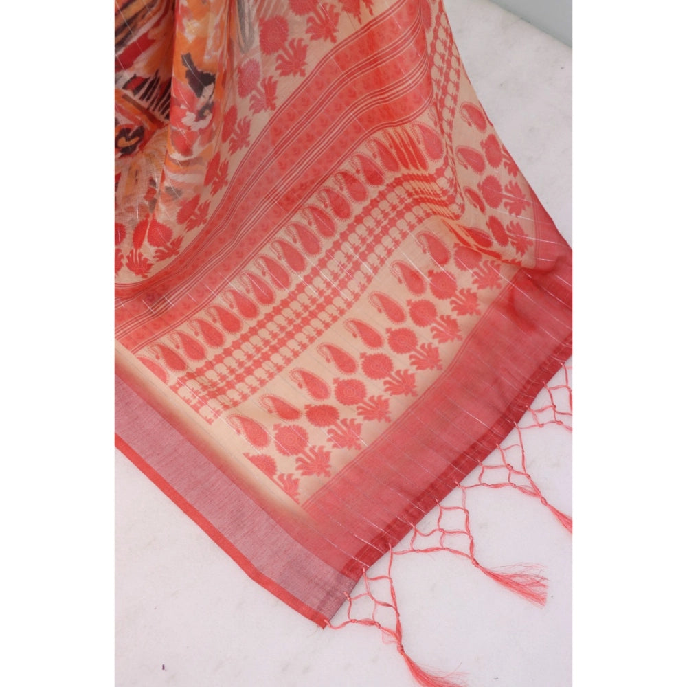 Women's Linen Digital Print Saree With Unstitched Blouse 5.5Mtr (Pink)