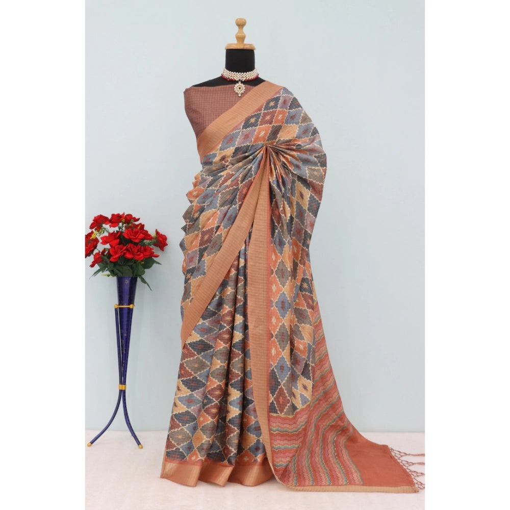 Women's Mysore Silk Digital Print Saree With Unstitched Blouse 5.5Mtr (Brown)
