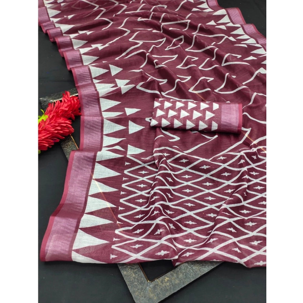 Women's Cotton Linen Woven Design Saree With Unstitched Blouse 5.5Mtr (Maroon)