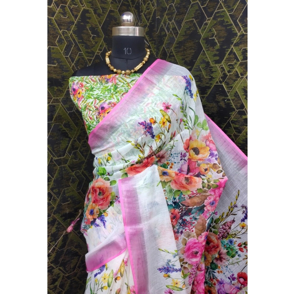 Women's Cotton Linen Printed Saree With Unstitched Blouse 5.5Mtr (Pink)